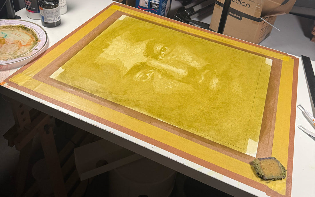 Layered acrylic portrait painting in progress on watercolor paper in the Khabraal studio
