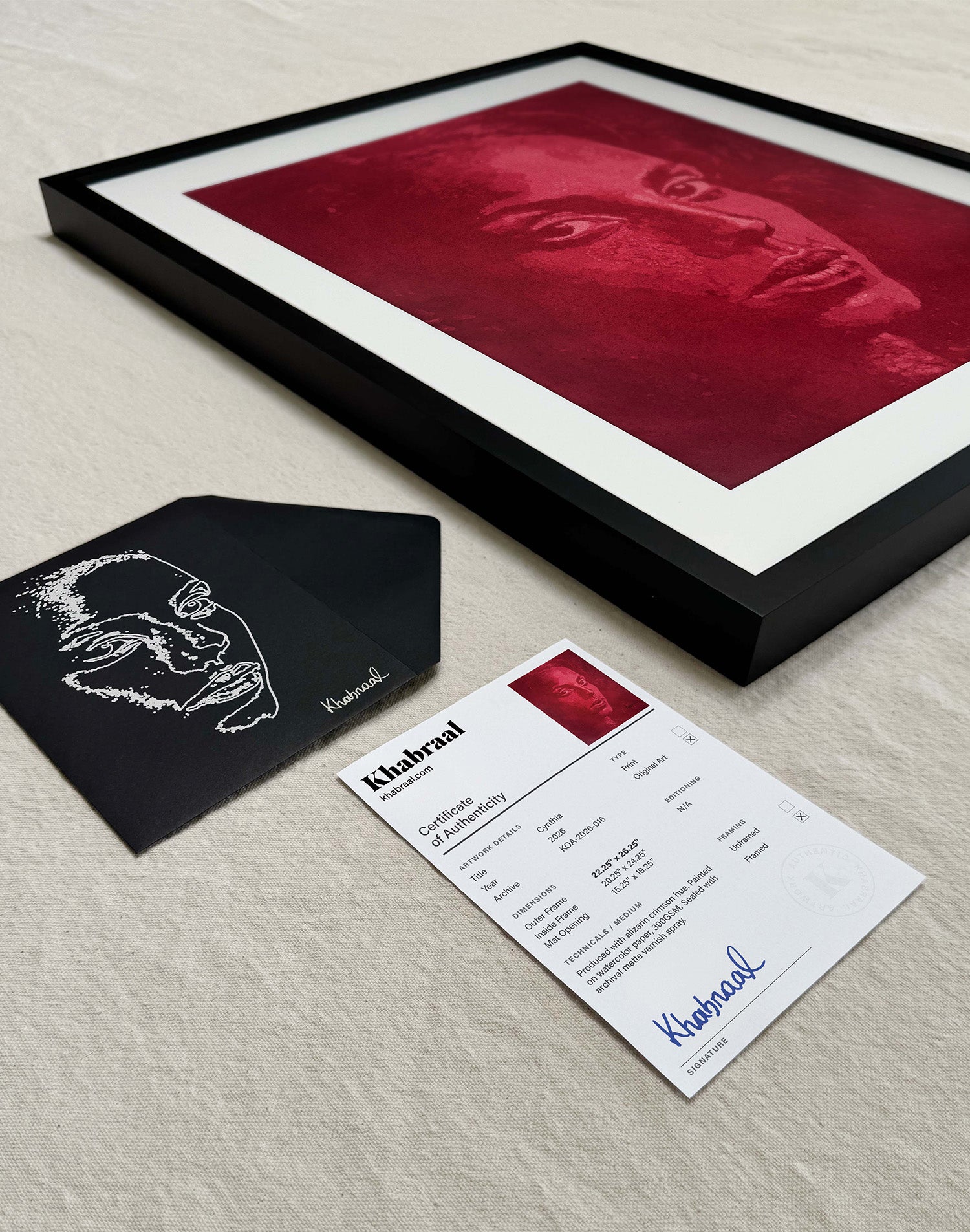 Certificate of Authenticity accompanying Cynthia, an original signed artwork by Khabraal