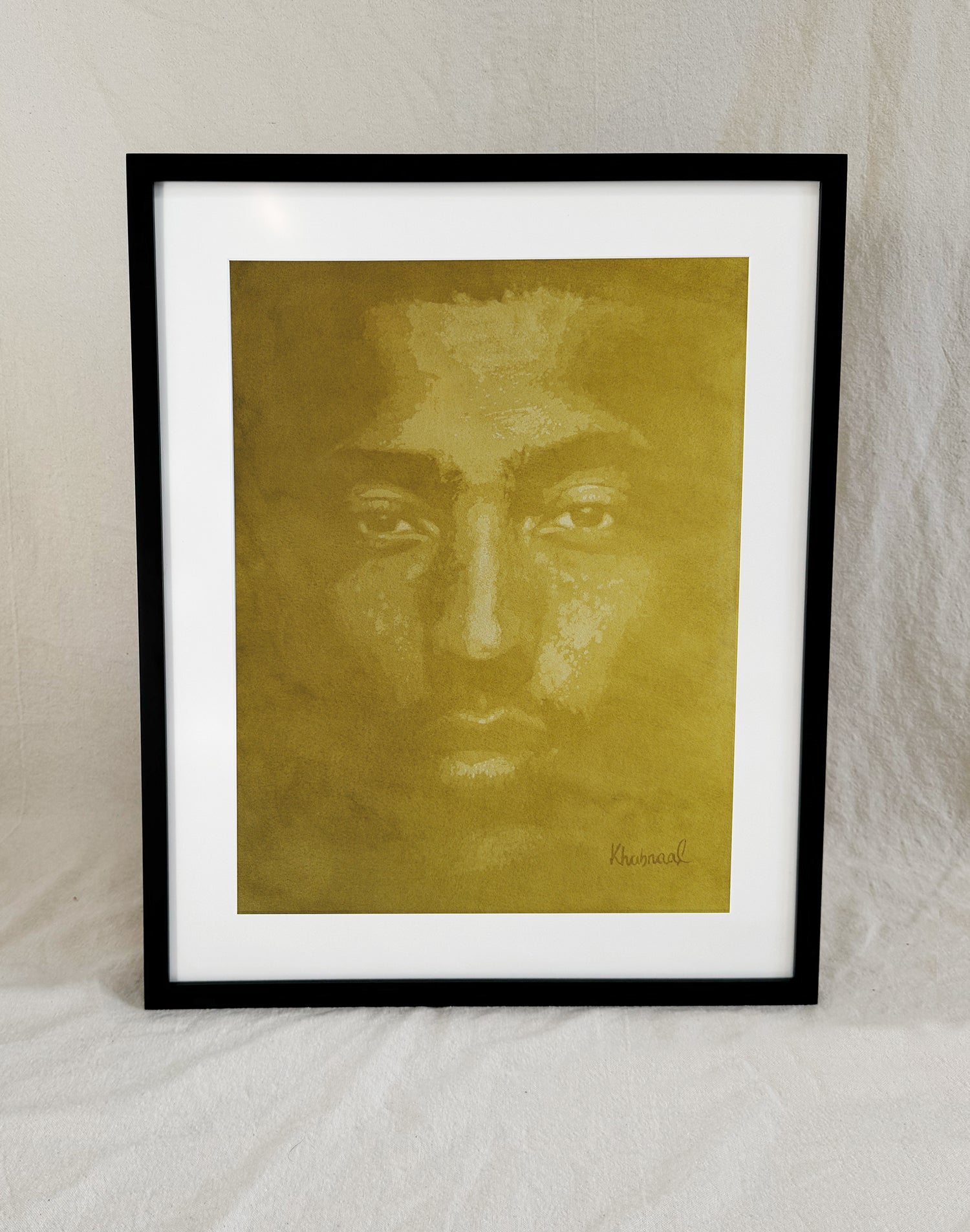 Framed view of John, an original acrylic portrait by Khabraal, shown in its museum frame