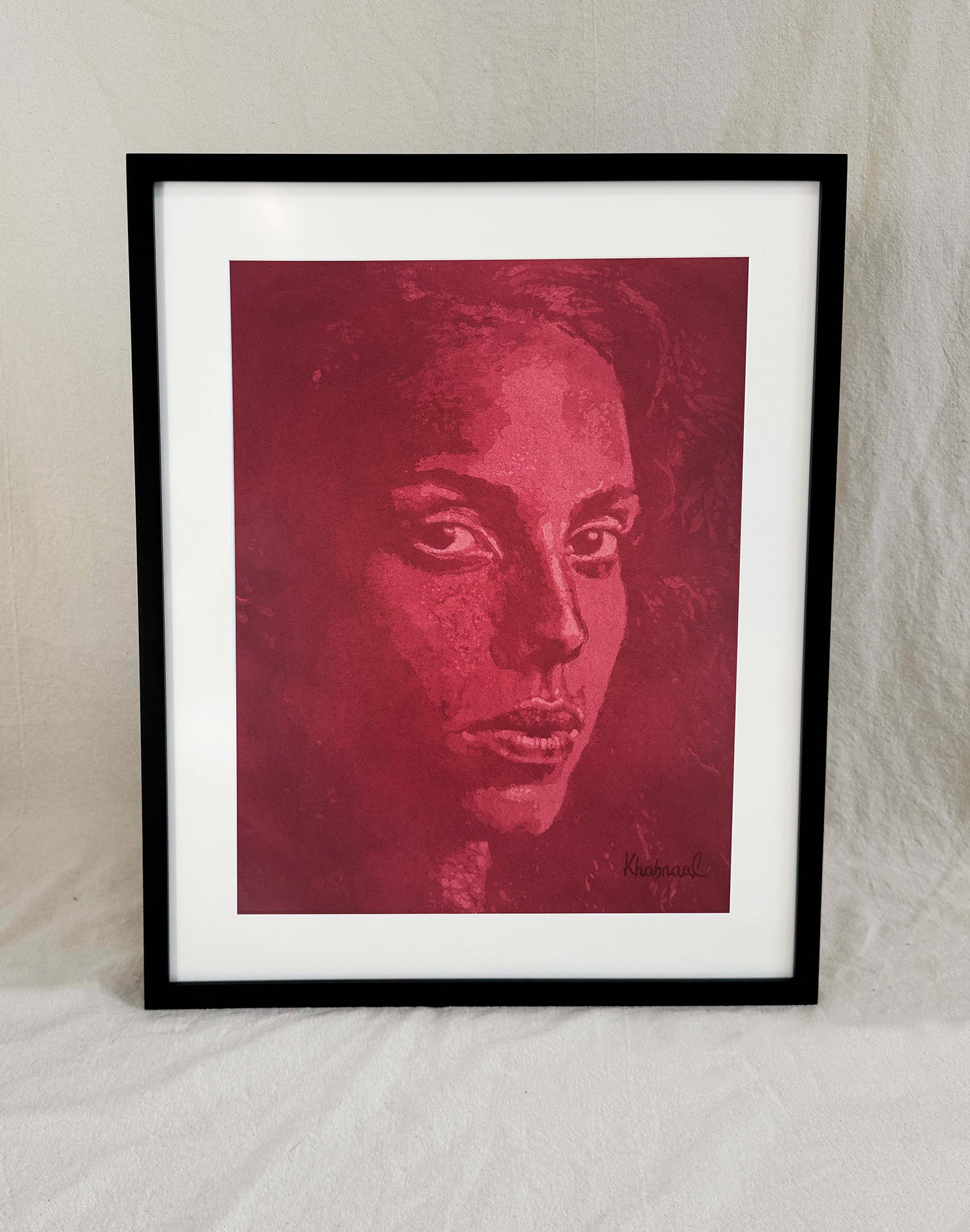Framed view of Cynthia, an original acrylic portrait by Khabraal, shown in its museum frame