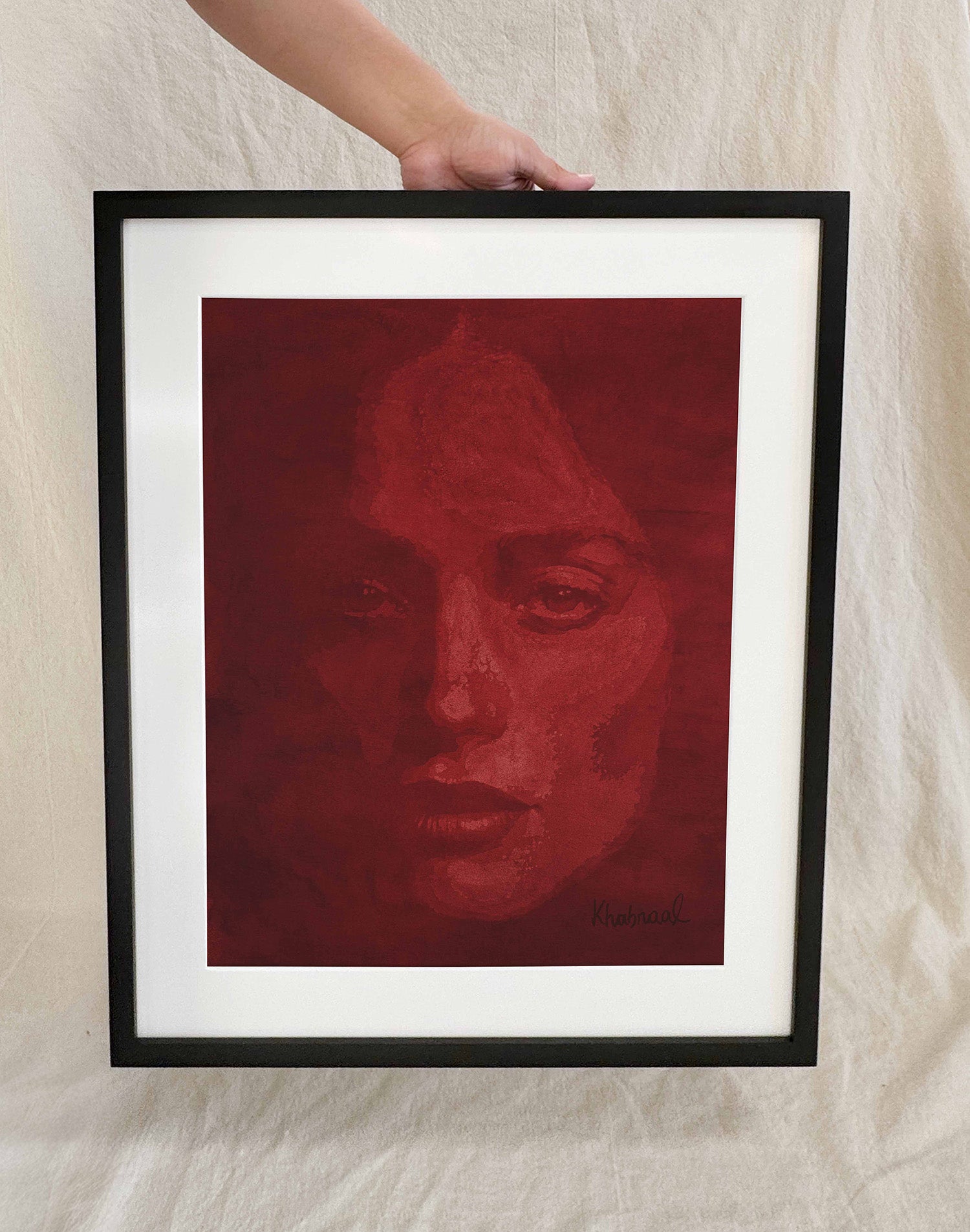 Hand shown for scale against Gigi, a 15.25 × 19.25 inch original acrylic portrait