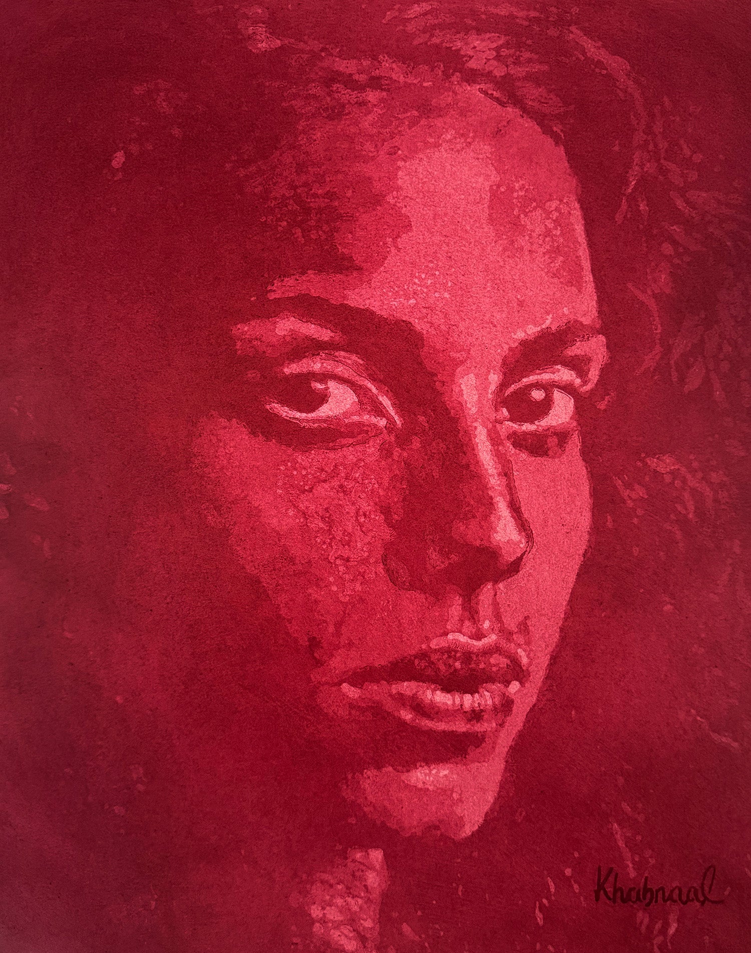 Cynthia, original acrylic portrait painting on watercolor paper by Khabraal, museum-framed