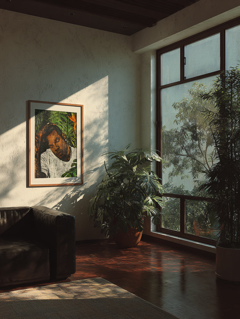 Framed portrait of Mauricio displayed in a sunlit living room with floor-to-ceiling windows and plants.
