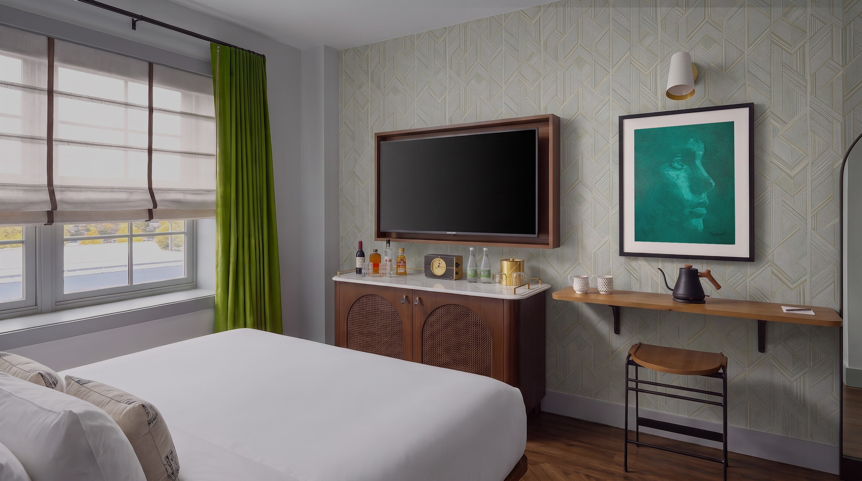 A framed teal-toned Khabraal portrait painting displayed above a console table in a hotel room, next to a wall-mounted TV — trade program installation example