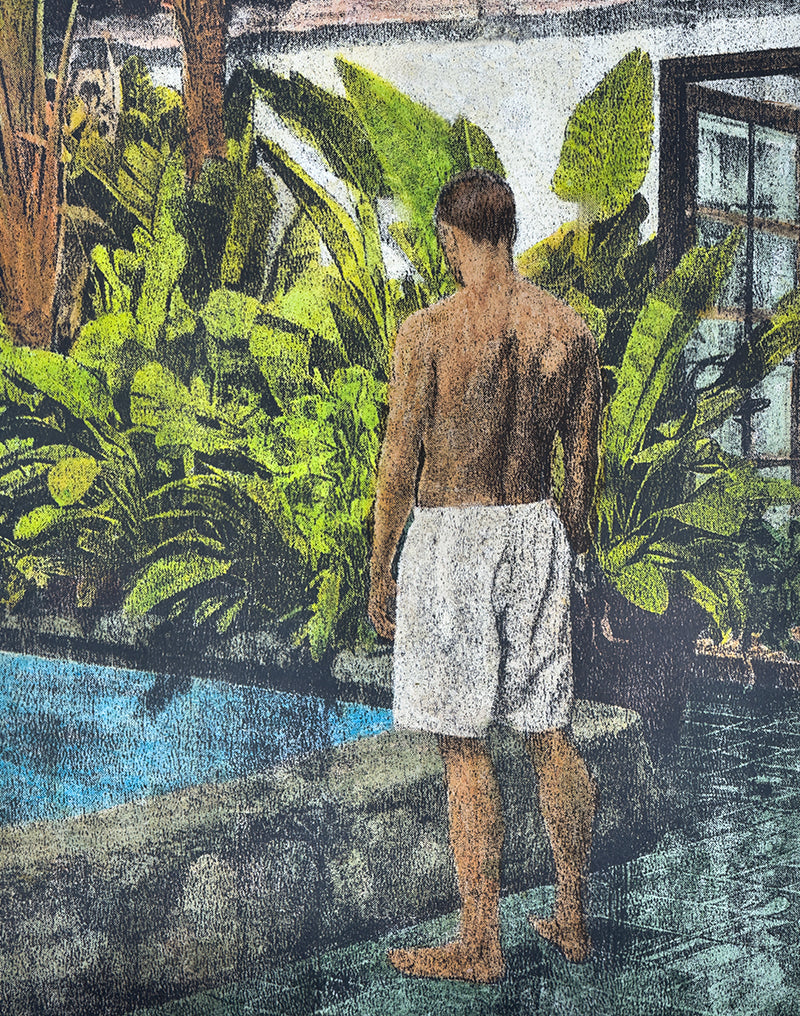 Monotype portrait of a man standing by a pool, surrounded by tropical plants.